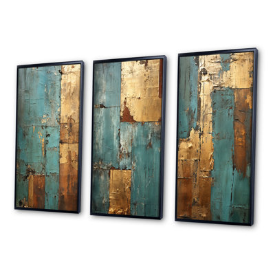 3 pièces sur toile - Kintsugi rétro glam rétro or sur turquoise II