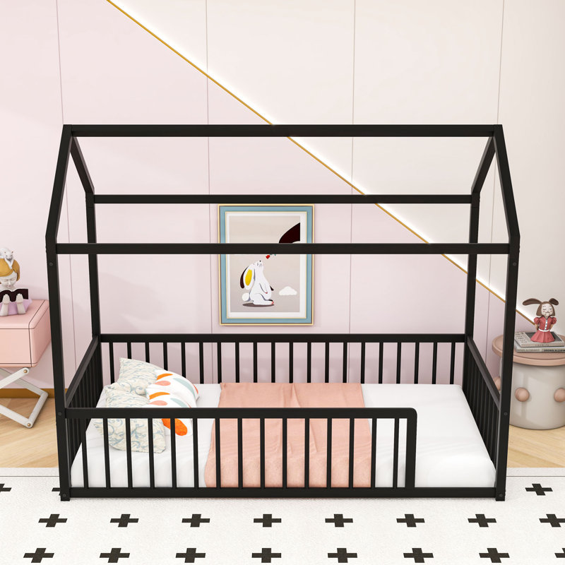 Metal House Shaped Bed With Fence, Twin, Black