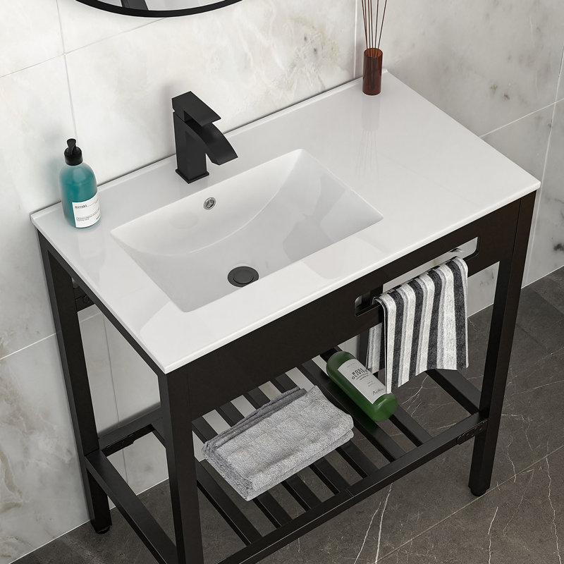 Lavabo de console de salle de bain en céramique 32 "x 18,5" avec trop-plein et pieds noirs