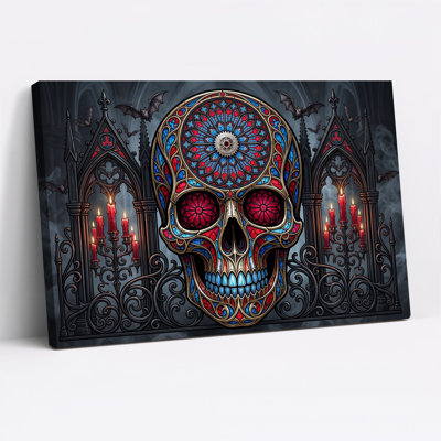 Crâne de vitrail rouge et bleu avec art gothique sur toile Halloween