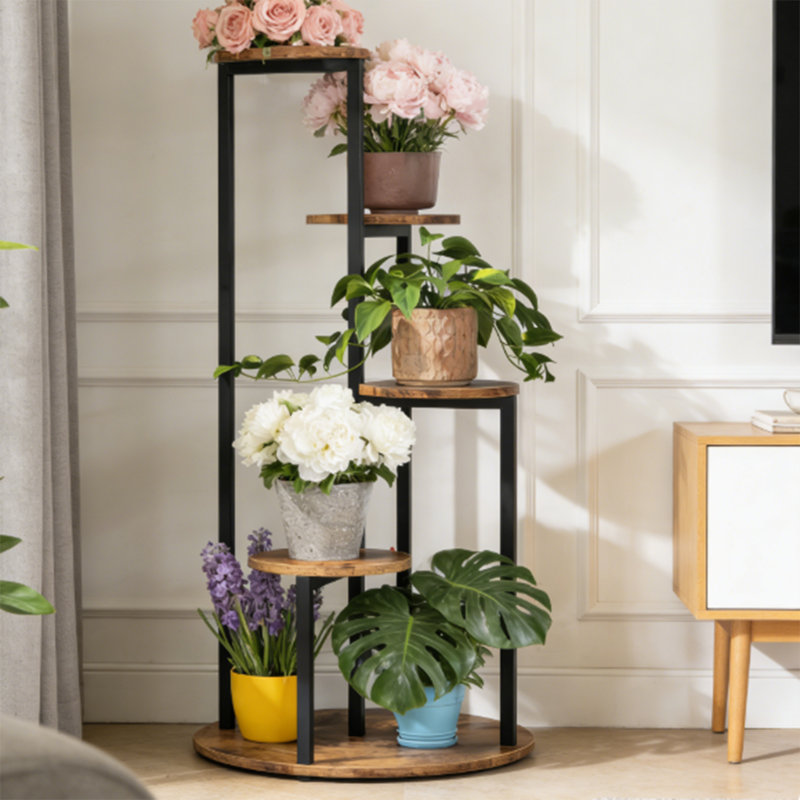 Support pour plante à 4 niveaux, structure en métal brun rustique avec tablettes en bois, grand support de pot de fleurs pour l'extérieur, balcon, patio, salon