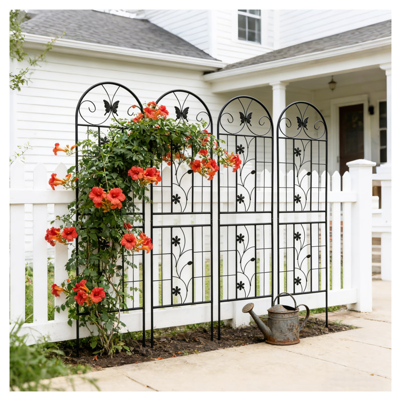 Ensemble de 4 treillis de jardin en métal antirouille pour plantes grimpantes, moustiquaire d'extérieur avec décor papillon, fer noir, H 71 po x l 19,7 po