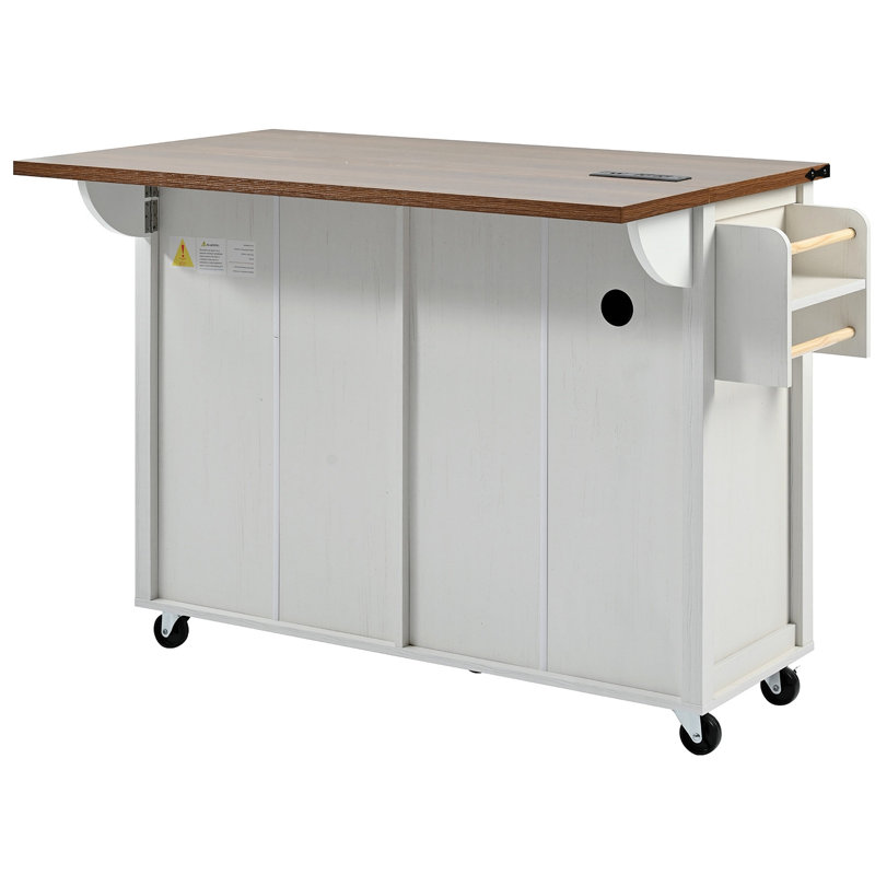 K&K 53.5''Farmhouse Kitchen Island With Power Outlet, Kitchen Storage Island With Drop Leaf, Spice Rack And Drawer, Rolling Kitchen Cart On Wheels, For Home, Kitchen And Dining Room