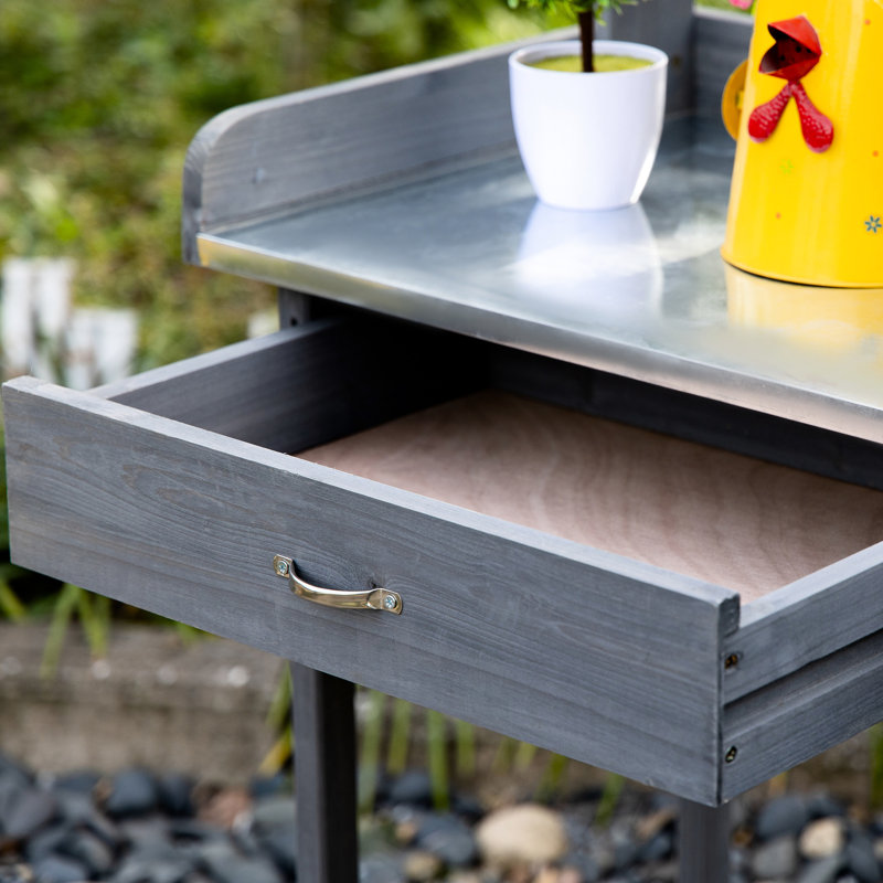 Banc de rempotage extérieur, poste de travail de jardin gris avec compartiment à tiroirs, unité galvanisée,