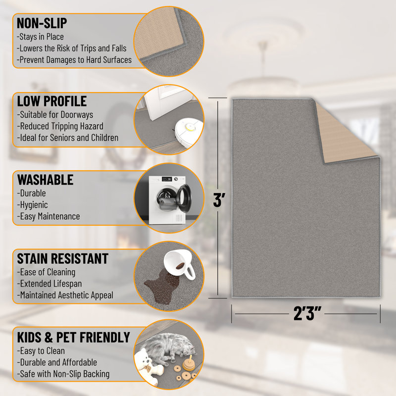 Gray Rectangular Non-Slip Washable Synthetic Kitchen Mat