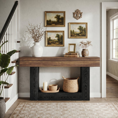 63" Farmhouse Console Table With 2-Tier Shelves, Entryway Table with U-Shaped Base, Narrow Long Sofa Table for Hallway, Foyer