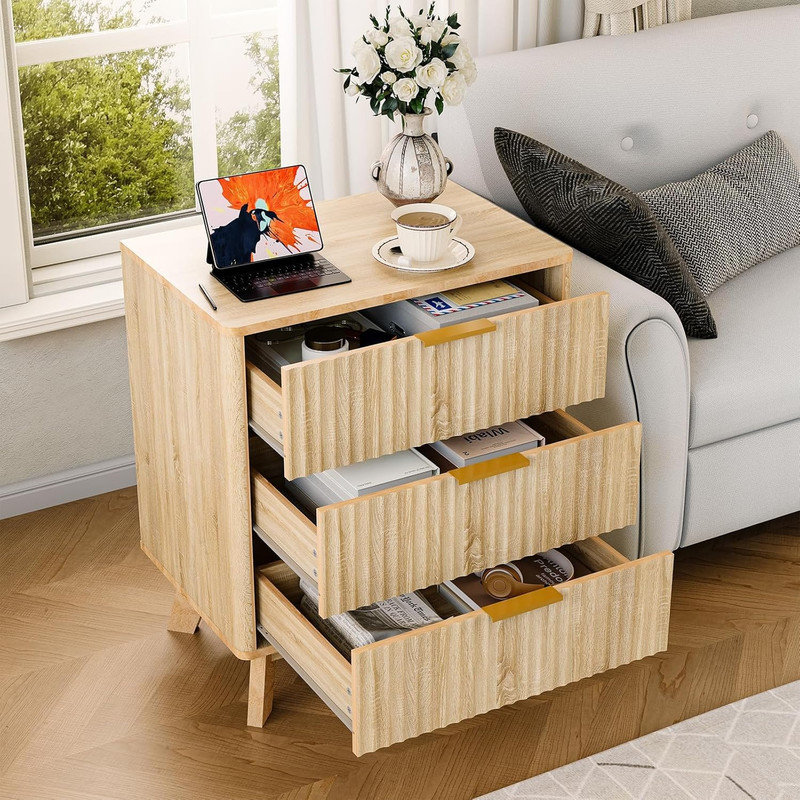 Wood Nightstand Set of 2 – 3-Drawer Fluted Bedside Tables. Value Bundle for   Bedroom, Brown