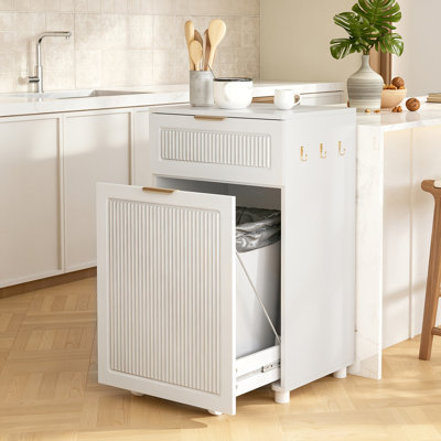 Armoire à poubelle 13 gallons, poubelle escamotable cannelée de 20 po avec tiroir et 3 crochets, armoire à linge en bois pour la cuisine, le salon, la chambre à coucher