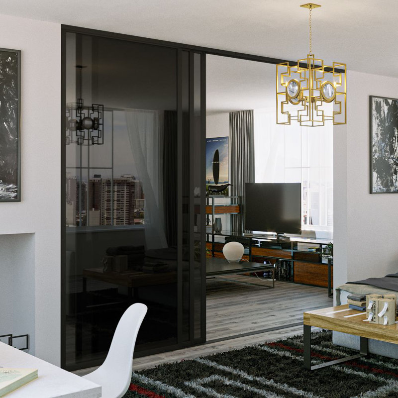 Cloison 3 panneaux coulissants en verre fumé avec structure en aluminium Silent Glide, Noir, 108 po x 80 po