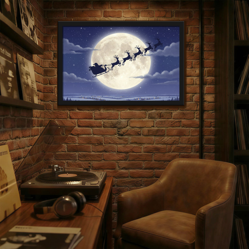 Noël père Noël traîneau renne lune nuit ciel étoiles paysage d'hiver, H 12 po x l 18 po