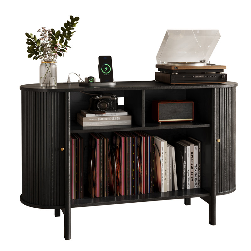 Meuble télé et support pour platine vinyle de 43 pouces de large avec prises électriques, Black