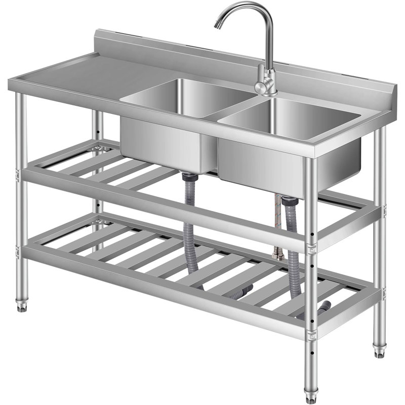 47 Inch Stainless Steel Utility Sink,Kitchen Free Standing Double Bowl Commercial Sink with Faucet, Cold & Hot Water Pipe, Storage Shelf and Drain Kit, for Kitchen, Bathroom, Laundry Room, Garage