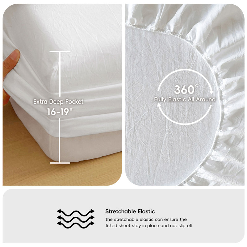 Moomee Fitted Sheet with Pillowcases 3-Piece Set 100% Washed Cotton Linen Like Textured, Bright White
