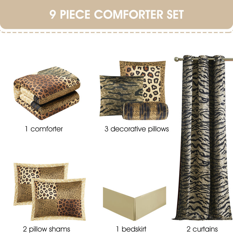 Queen Brown Gold Microfiber Safari Comforter Set with Curtains