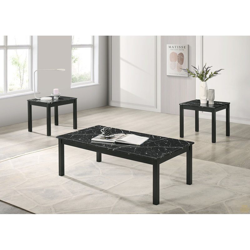 Ensemble de table 3 pièces 1 table basse 1 table de bout 2 pieds en faux marbre, Noir