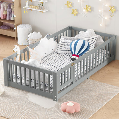 Floor Bed for Kids with Safety Guardrails and Play Door,, Montessori Kids Bedroom Bed