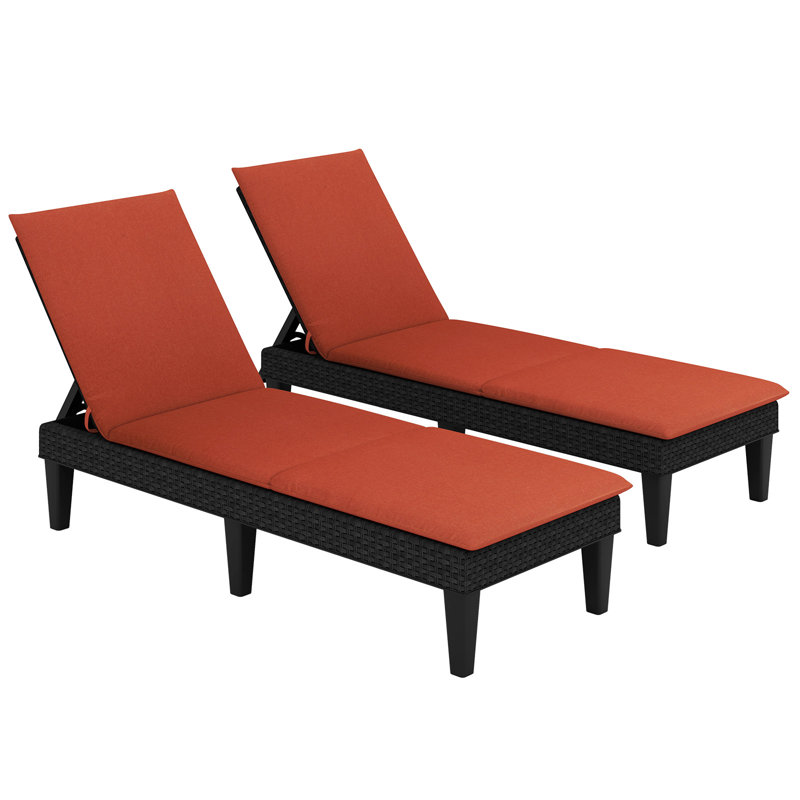 2PCS Patio Lounge Chair Recliner Chair w/ 3-Position Adjustable Backrest & Cushion Black & Orange, Orange, Black