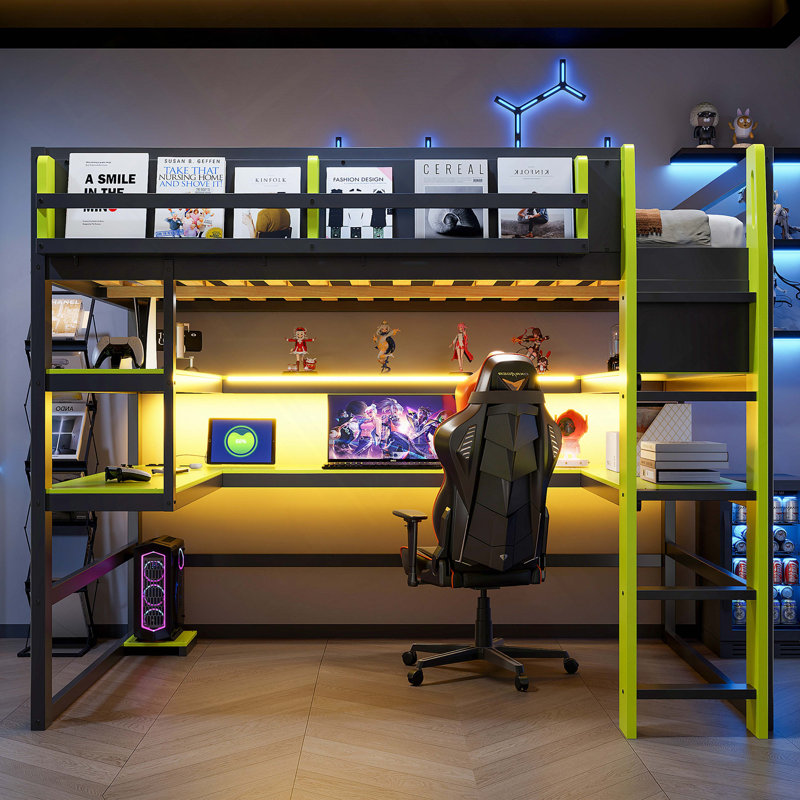 Lit mezzanine en bois avec bureau, support de rangement latéral, tablettes multiples et lumière RVB, Double, Vert