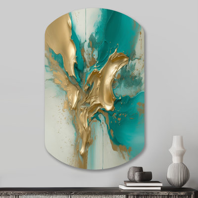 Gold And Turquoise Marble Fluid Ink II - Marble Asymmetrical Metal Wall Art, Gold Cylinder Metal Art Print