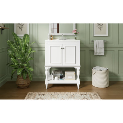 Meuble-lavabo de 24 po avec lavabo en céramique ultrabrillant, pieds d'armoire profilés, trou de déversement, rangement ouvert pré-percé de style rétro avec rangement intelligent pour l'installation et les travaux de plomberie à venir