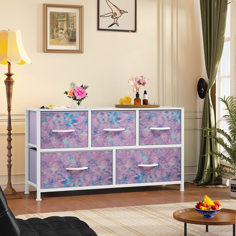 Commode de rangement avec 5 tiroirs de 2 tailles différentes, Mauve