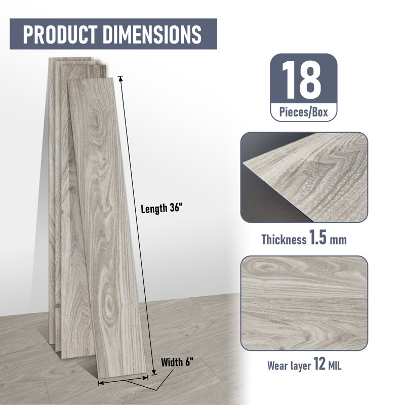 Planche de vinyle de luxe l 6 po x L 36 po auto-adhésive avec couche d'usure durable et aspect bois réaliste, revêtement de sol en vinyle autocollant imperméable 12 mil