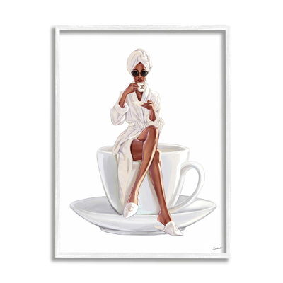 Chic Coffee Teacup Woman Sipping Robe Sunglasses Oversized White Framed Giclee Texturized Art by Ziwei Li