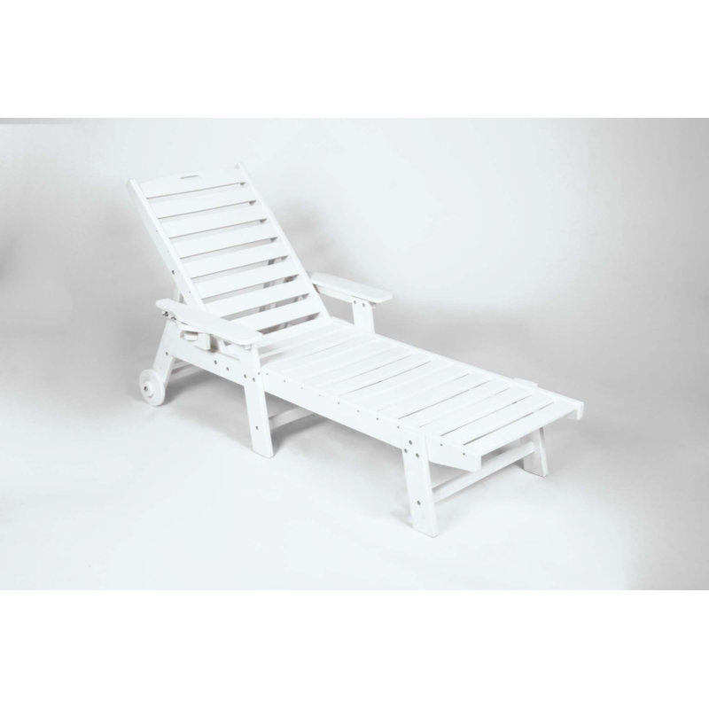 Lounge Chair Outdoor With Wood Texture, Oversized Chaise Lounge Chair With 5 Positions, HDPE, Patio Lounge Chair With Wheels & Cup Holder For Pool, Deck, Poolside