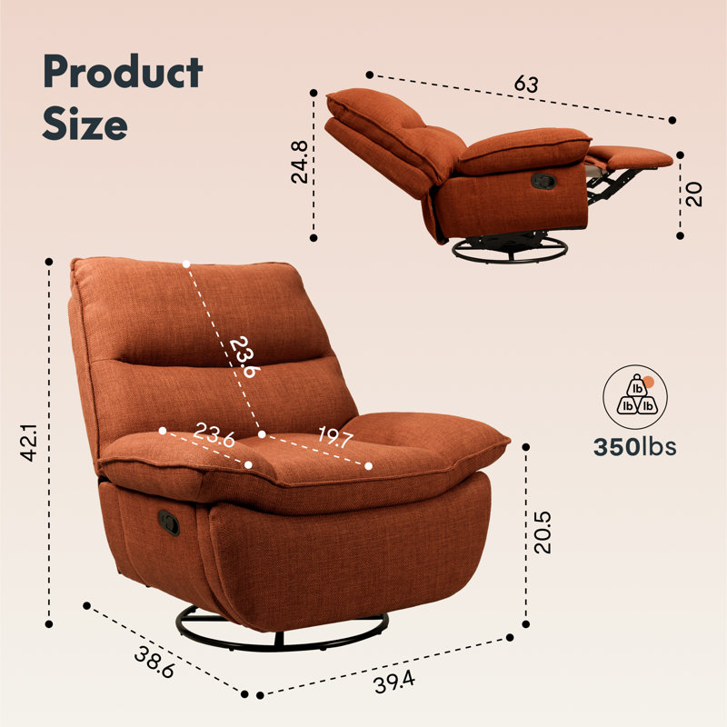 40'' Clinkscales Manual Rocking 360° Swivel Recliner Glider Sofa with Storage, Orange/Brown Fabric