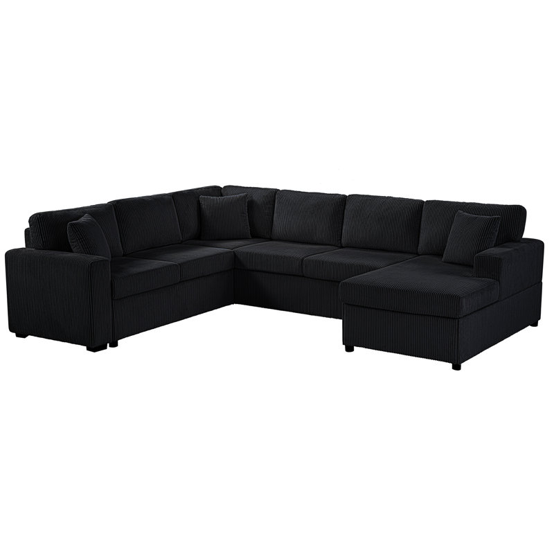Black U-Shaped Sectional , Luxurious Corduroy, Convenient Chaise Lounge, Three Pillows, For Listening To Music Taking A Nap