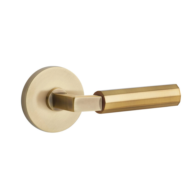 Mortaise intérieure Emtek Select Passage avec rosette à disque et tige carrée en L, levier à facettes, Gauche, Laiton satiné