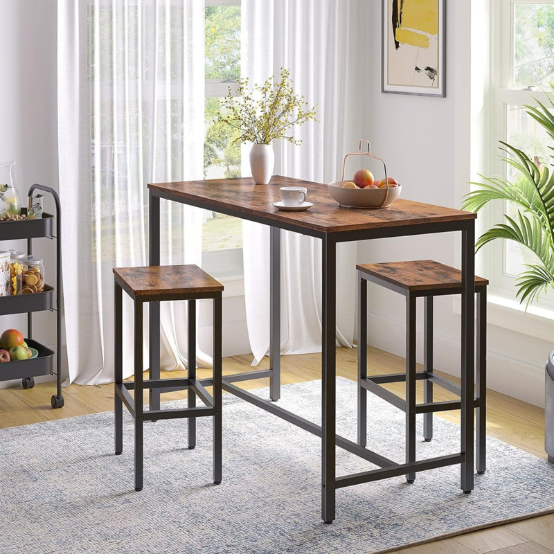 Bar Table And Chairs Set, 47.2” Rectangular Pub Table With 2 Stools For Small Space, High Top Table, 3-Piece Breakfast Table Set, Sturdy Metal Frame, Easy To Assemble, Rustic Brown