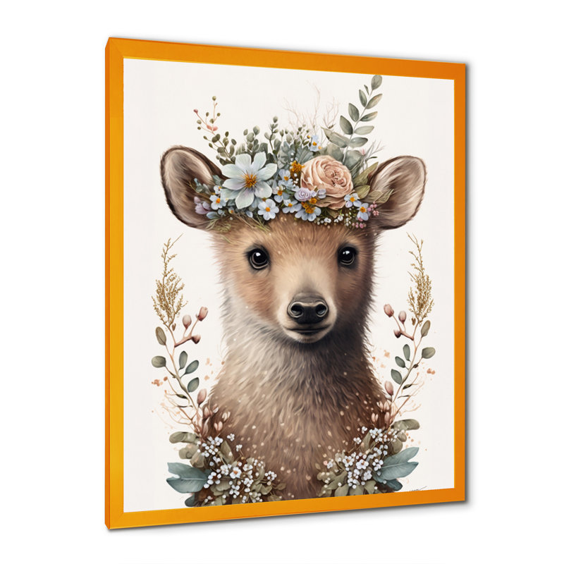 Mignon bébé ours avec couronne florale II - animaux, art mural sur toile, L 30 po x H 40 po, Encadrement doré