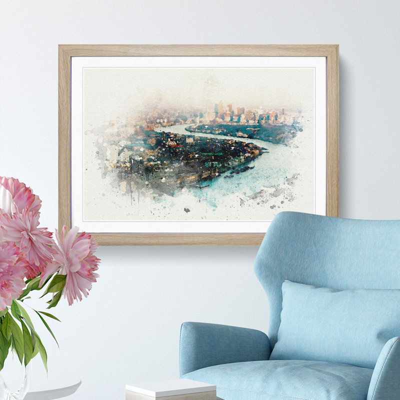 River Thames & London Skyline in Abstract - Framed Print, 40cm H x 60cm W x 2cm D, Oak