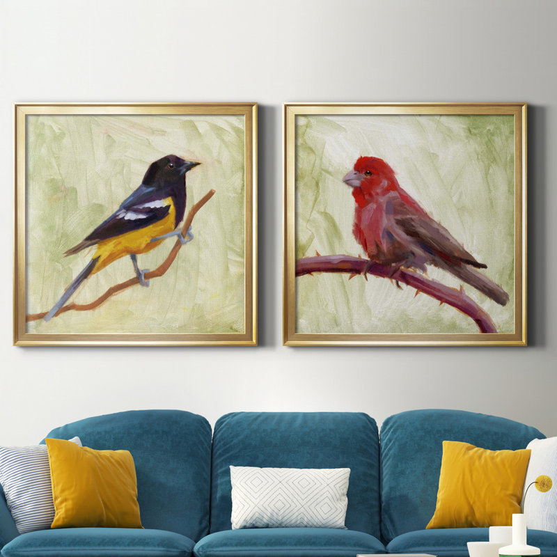 Backyard Birds I - Ensemble de 2 cadres photo sur toile, Toile encadrée d'or, H 34,5 po x l 69 po x P 1,5 po