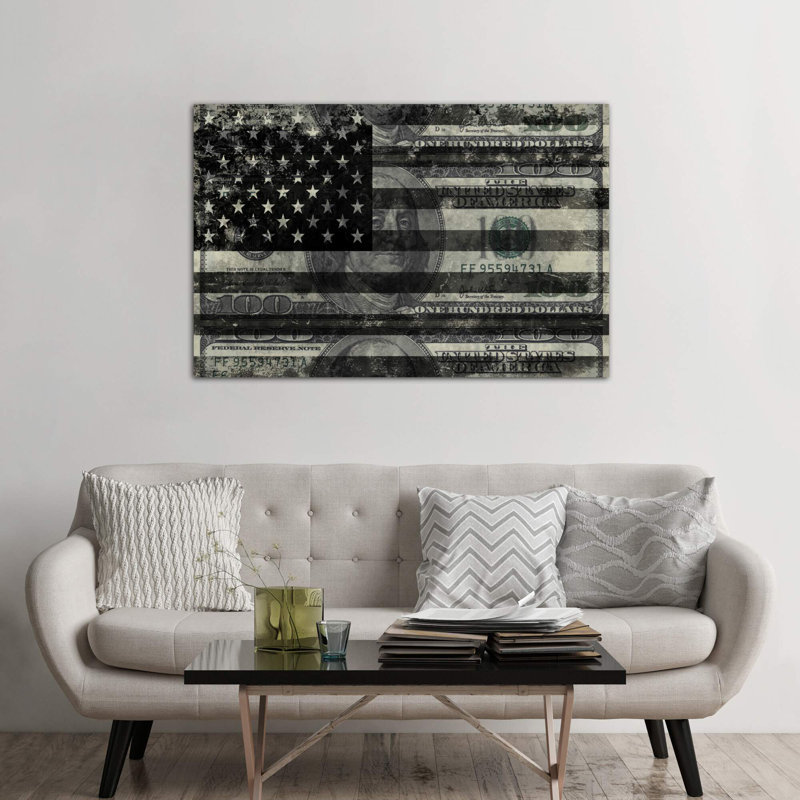 USA "Melting Film" Flag In Black And White (100 Dollar Bill) - No Frame Print on Canvas, 66.04 cm H x 45.72 cm W x 1.91 cm D