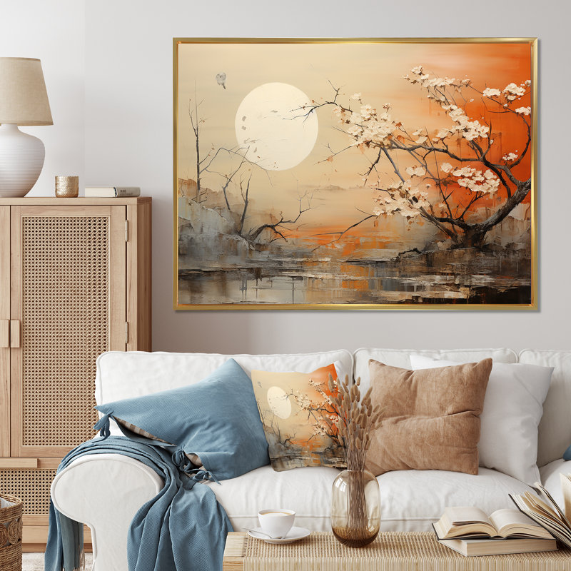 «Moon On Tangerine Twilight Landscape», impression d'art mural lune, H 30 po x l 40 po x P 1,5 po, Cadre flottant doré