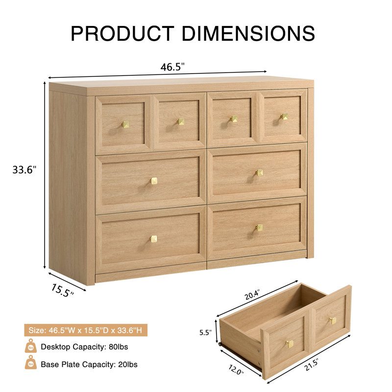 6 Drawers Dresser Cabinet Set of 2, Natural