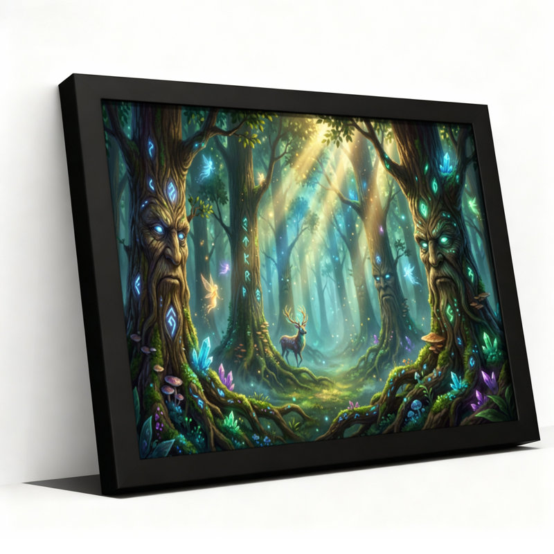 Ensemble de 1 tableau sur toile tendue représentant des esprits des arbres et des cerfs de la forêt enchantée, Noir