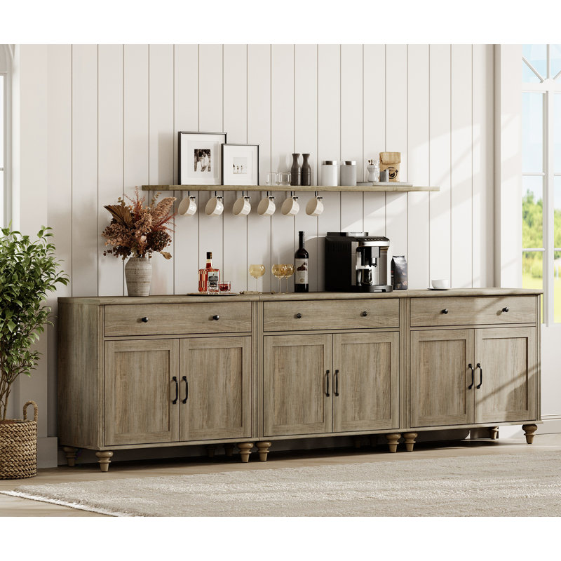 Buffet Cabinet With 6 Doors And 3 Drawers, Large Modern Coffee Bar Table Wood Kitchen Storage Cabinets, Farmhouse Sideboard Credenza For Dining Room, Wash Grey, 101"