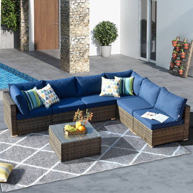 Leisure 7 Piece Rattan Sectional Seating Group with Cushions Latitude Run Cushion Color: Light Blue