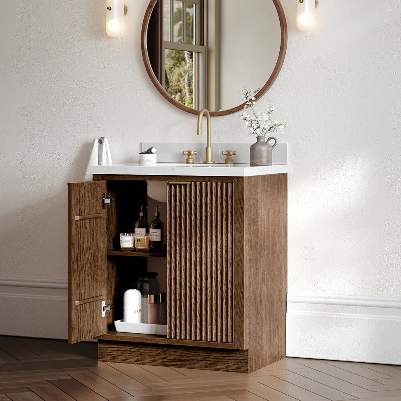 Meuble-lavabo simple 30 po en bois massif avec comptoir en marbre de Carrare 1,5 po blanc chaud, lavabo rectangulaire