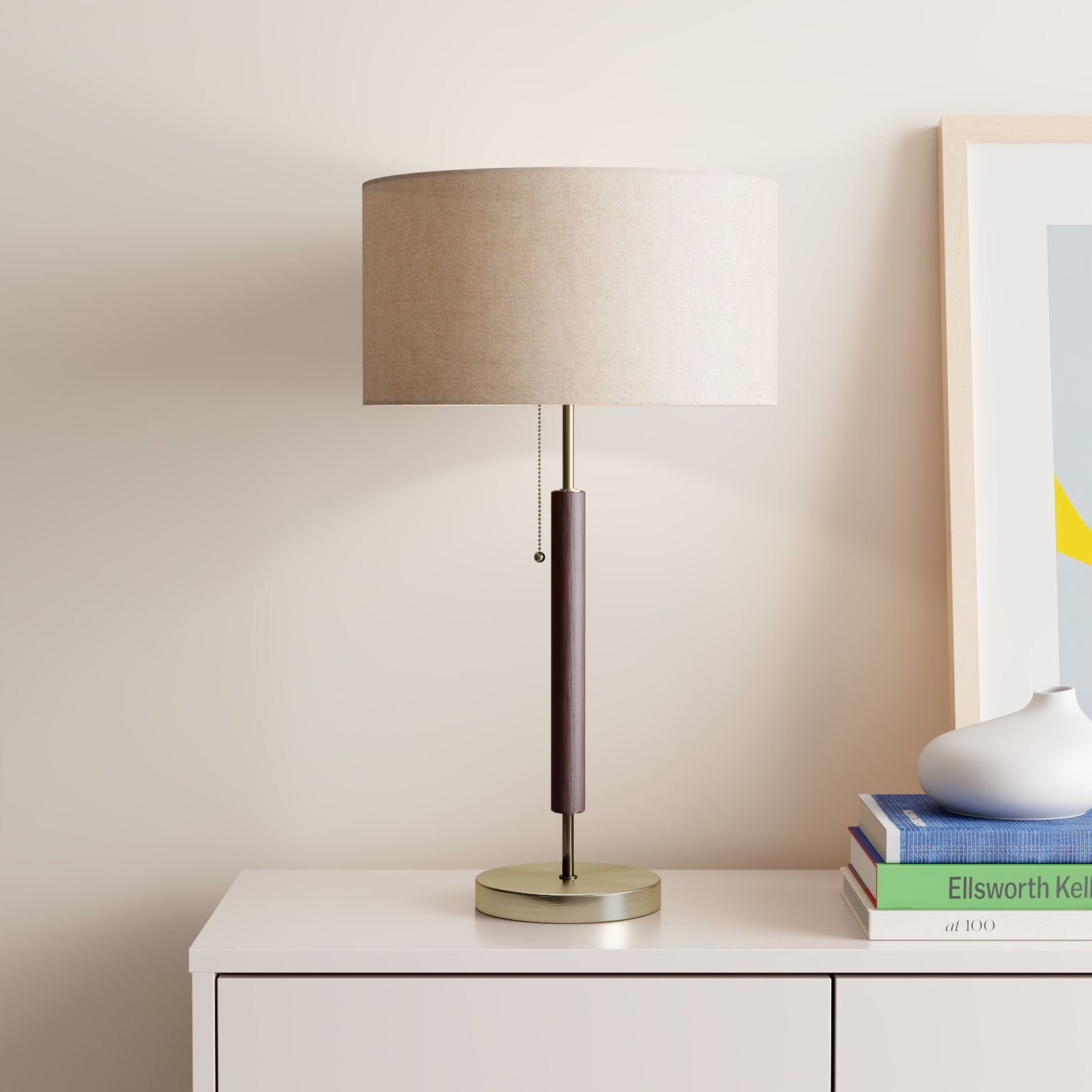 Fernando Table Lamp, Walnut Eucalyptus/Antique Brass, Gray