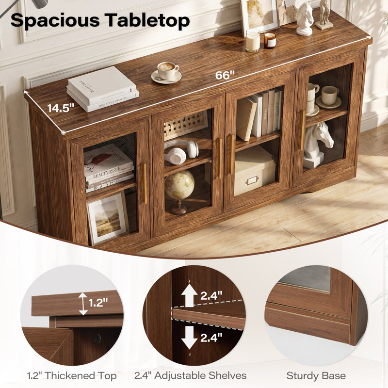 66" W Modern Sideboard Buffet Cabinet with Glass Doors & Adjustable Shelves, Brown