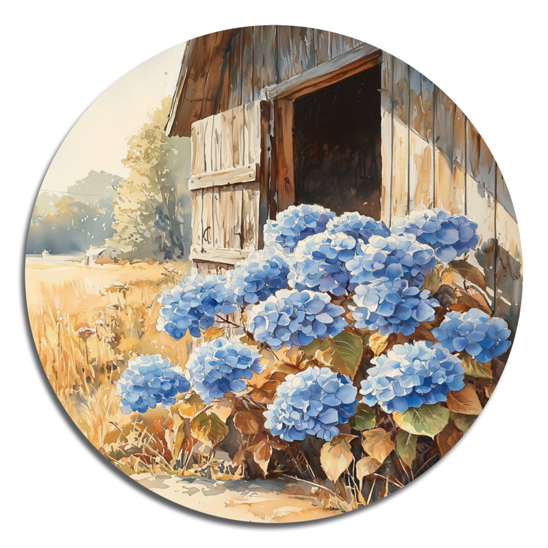 Hydrangées par la porte de l'écurie I - hydrangées, art mural rond en métal, impression traditionnelle en métal bleu