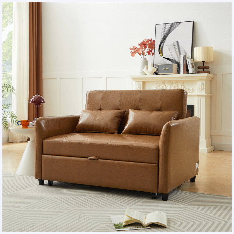 Canapé-lit convertible de 51,57 po, fauteuil ajustable surdimensionné avec 3 ports USB, peu encombrant pour les petits appartements, salon, chambre à coucher, brun