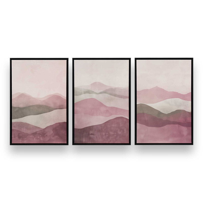 Ensemble de 3 brumines rose Fluorite, Cadre flottant noir satiné, H 31 po x l 63 po