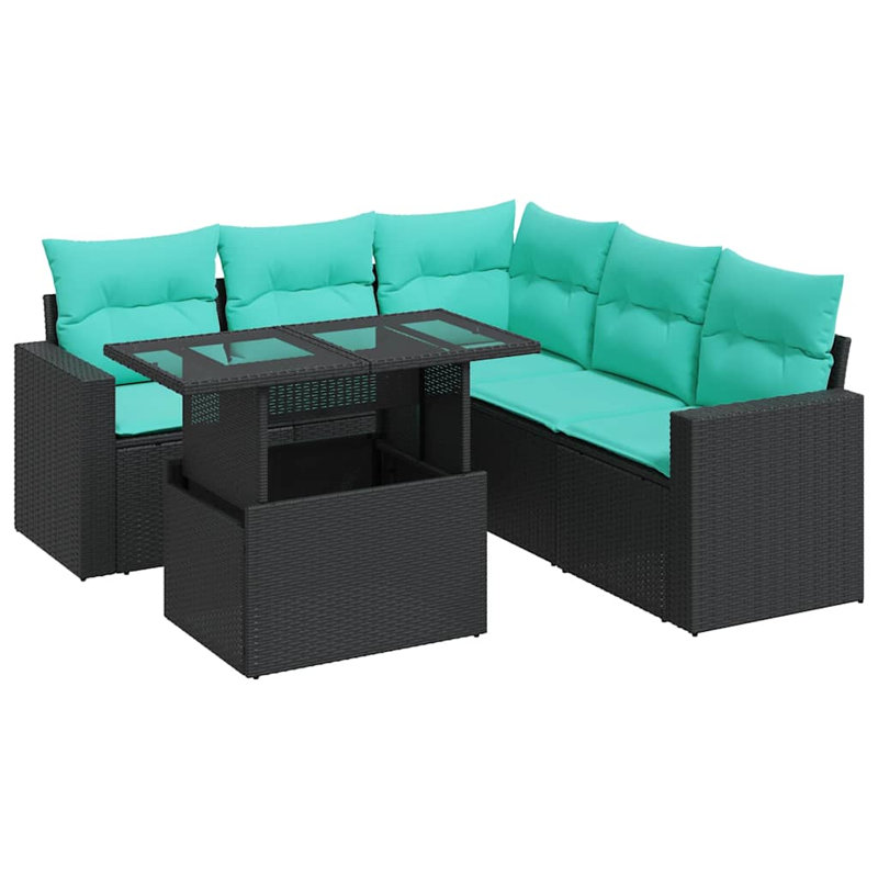  6 Piece Patio Sofa Set With Cushions Poly Rattan Acacia, Green, Black