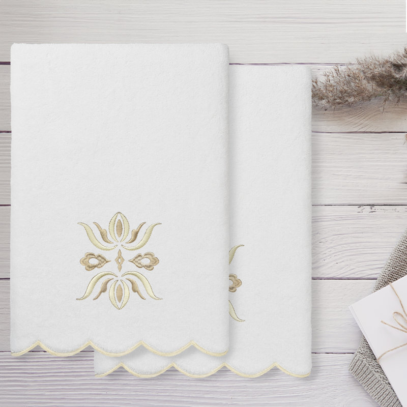  Ensemble de serviettes de bain 100% coton à motif floral festonné 2 pièces, Blanc / beige