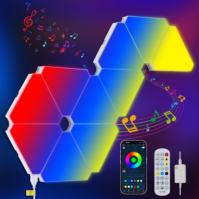 Lumières triangulaires à DEL, 10 panneaux muraux RVB, panneau lumineux intelligent modulaire avec application, télécommande et synchro de musique, mur lumineux en nid d'abeille dans la salle de jeu, décoration de chambre à coucher